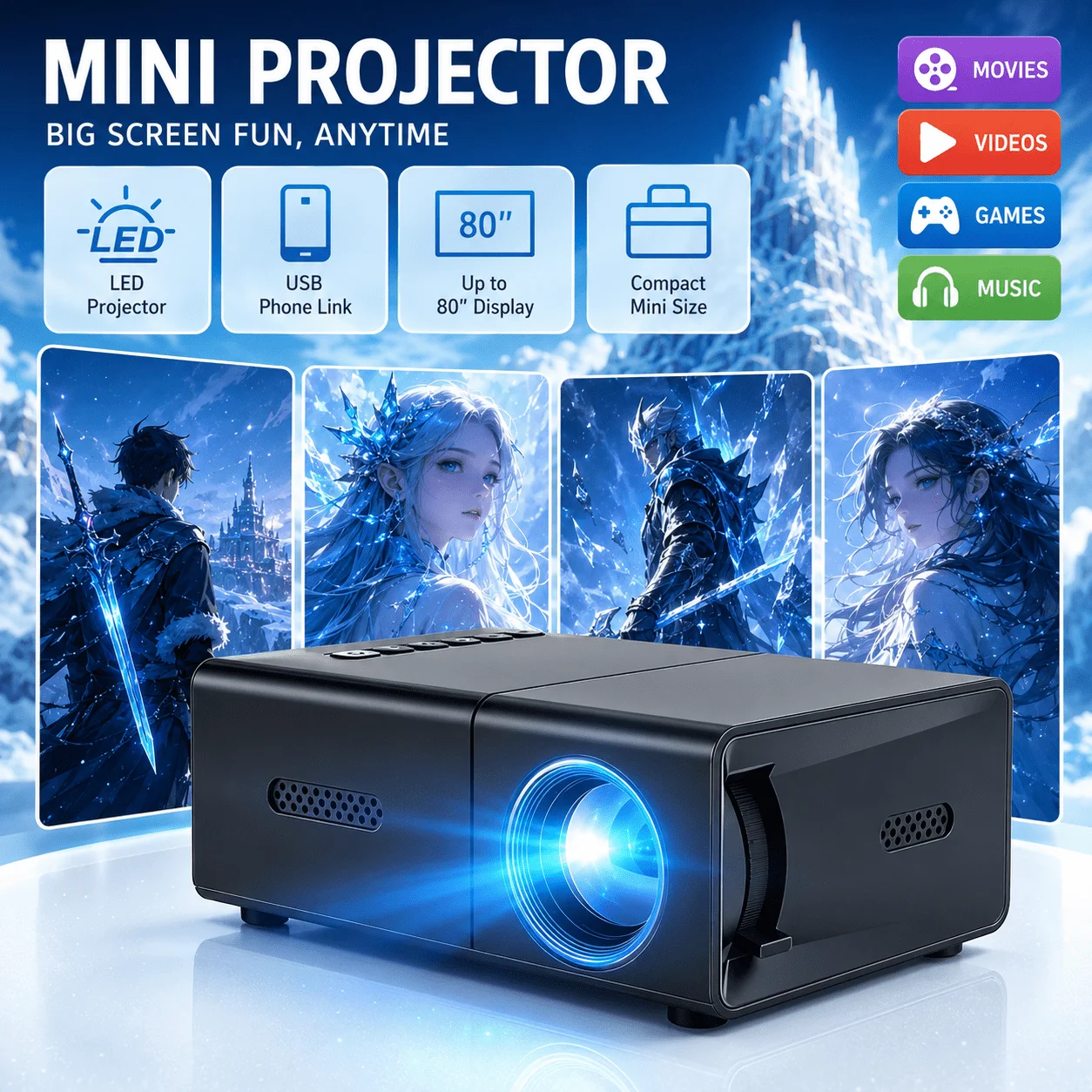 Retro Gaming Projector - Mini projecteur portable, compatible avec le